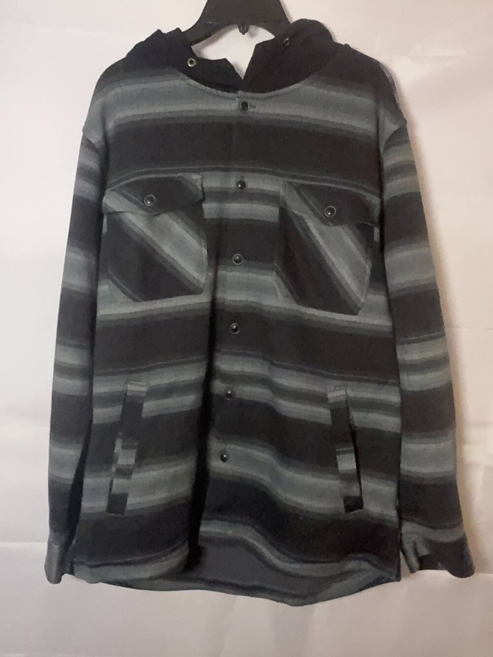 Quiksilver Striped Hooded Shirt Jacket Large Black Gray Button Front